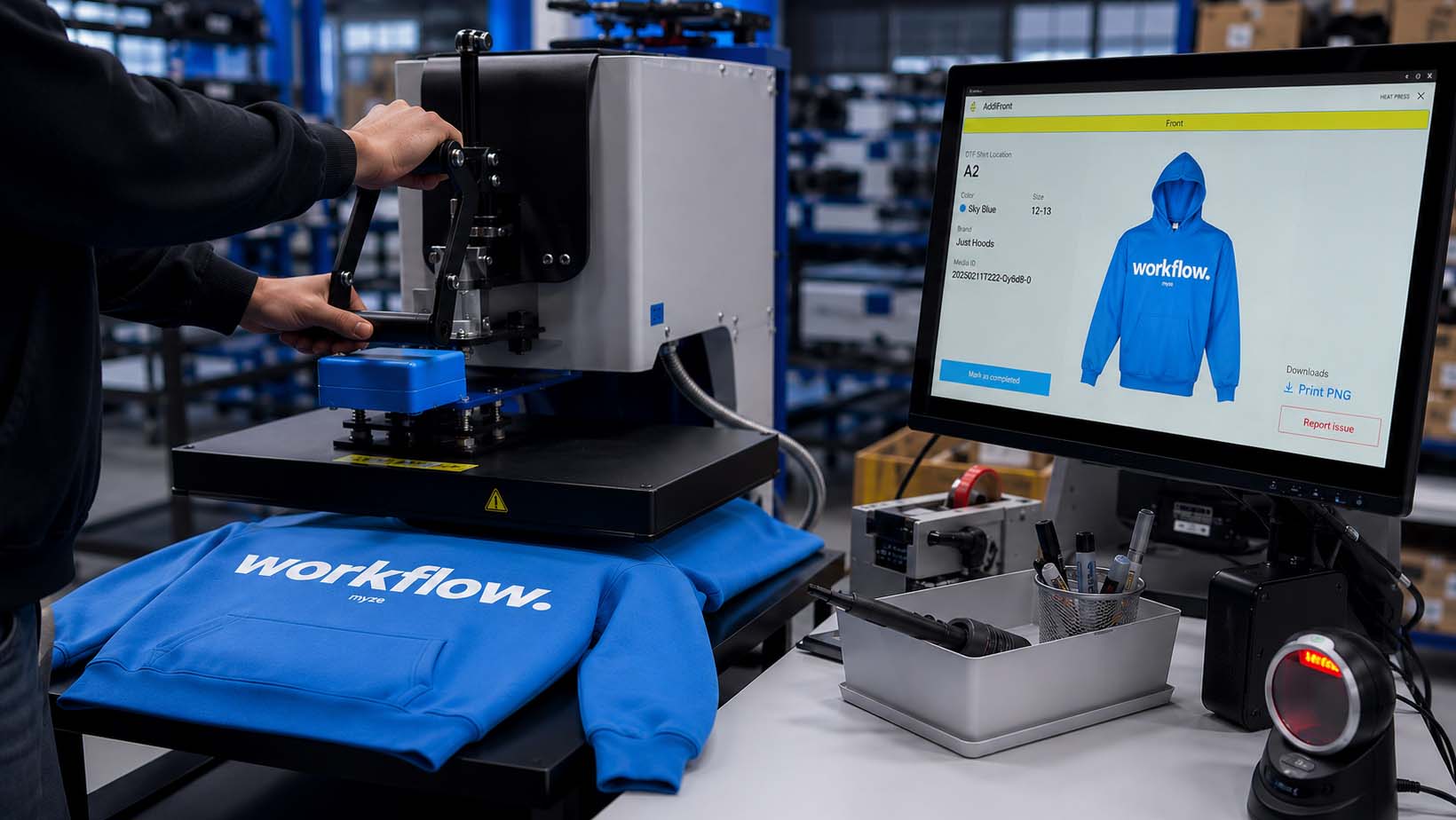DTF printing workflow: heat press station in the Myze printing software